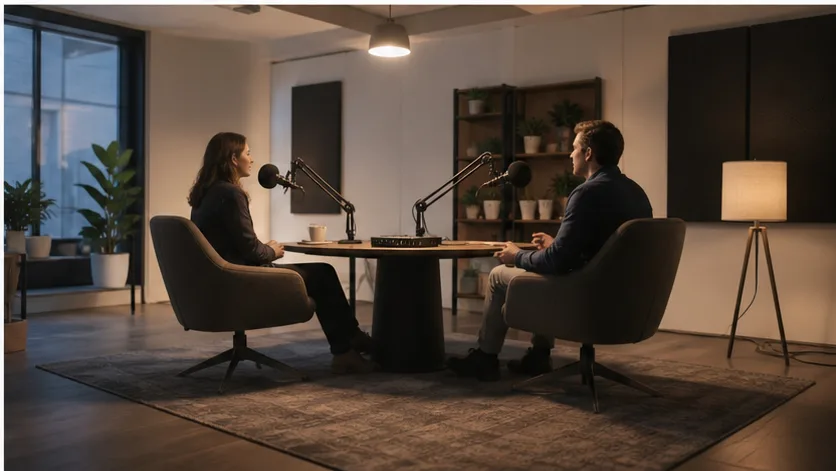 A podcast studio scene for interview content.