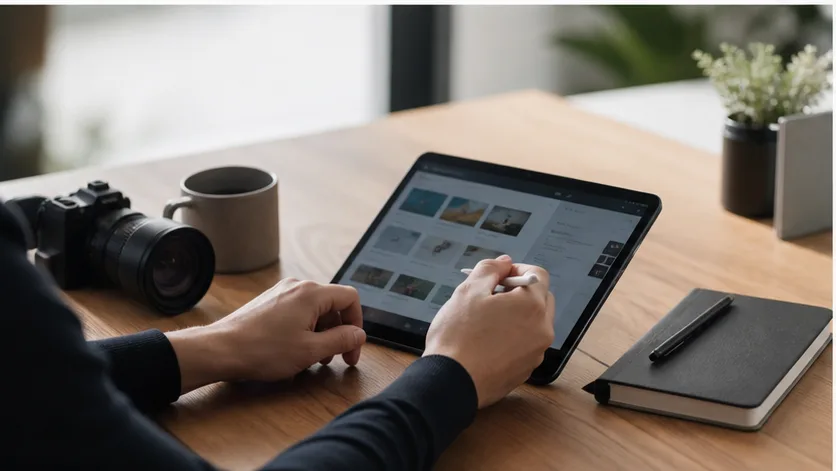 A desk-based product demonstration video scene.